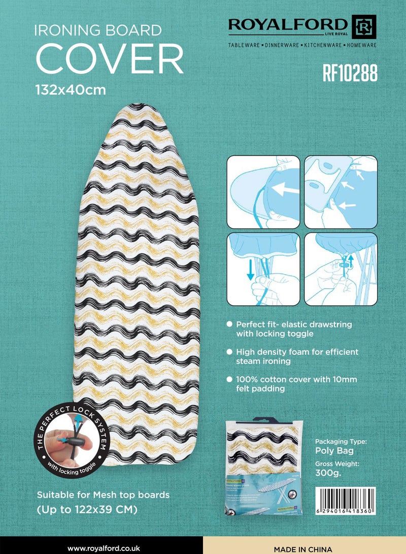 Ironing Board Cover, 132x40cm, RF10288 - Durable Heat Resistant Cotton Cover With 10mm Felt Padding for Large Size, Foldable Design, Non Slip Feet