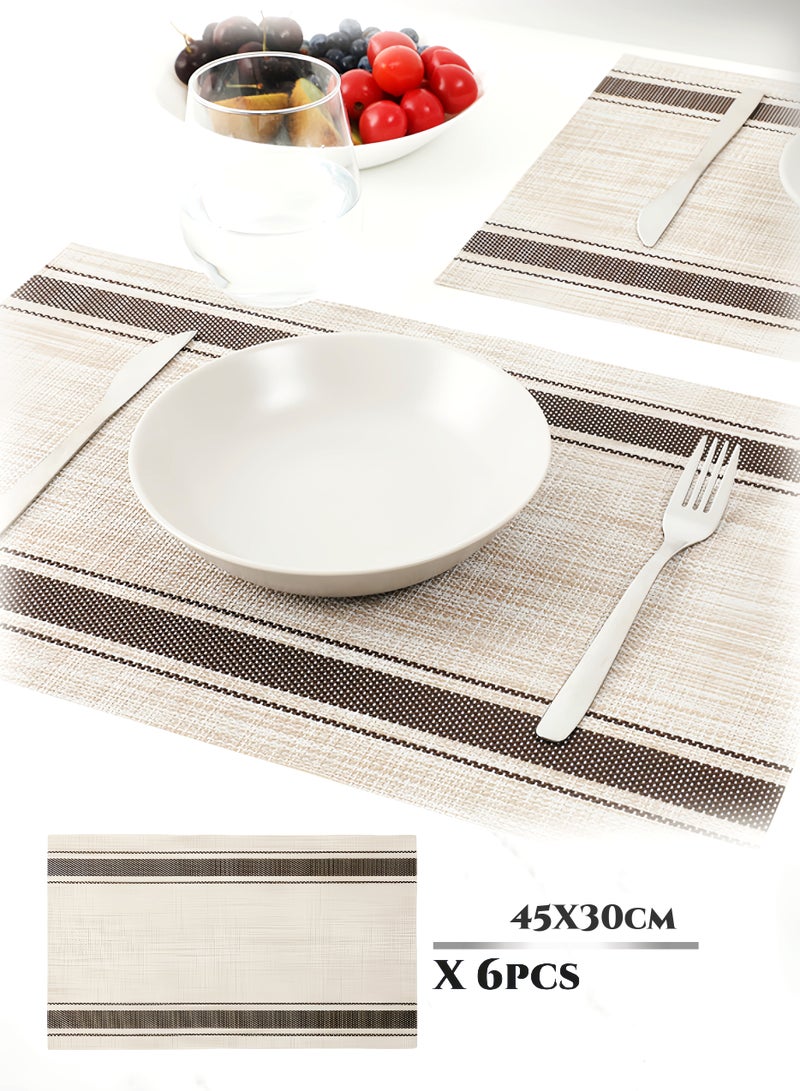 Rectangular PVC Placemats Set of 6,Beige & Brown Striped Table Mats,Table Decoration,Waterproof Oilproof Heat-Resistant Non-Slip ,for Daily Kitchen Dinning Table, Parties, Restaurants, Weddings & Ramadan Dining,45x30cm - Image 1
