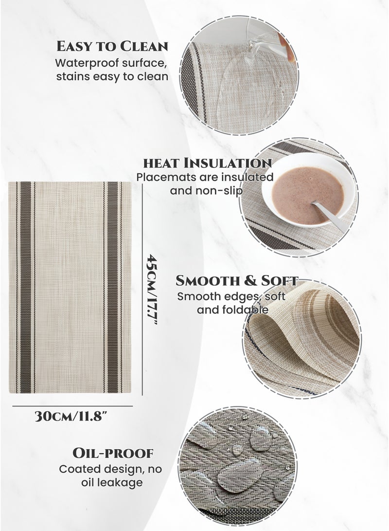 Rectangular PVC Placemats Set of 6,Beige & Brown Striped Table Mats,Table Decoration,Waterproof Oilproof Heat-Resistant Non-Slip ,for Daily Kitchen Dinning Table, Parties, Restaurants, Weddings & Ramadan Dining,45x30cm - Image 3