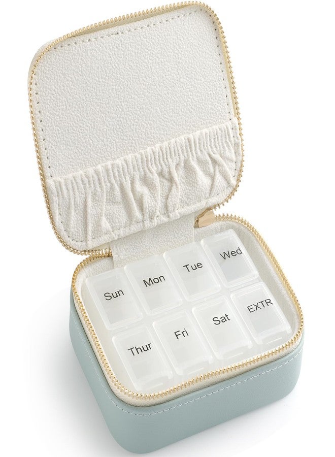 NGVRC Genuine Leather Travel Pill Organizer Box Case 1 Times a Day for Purse for Women, Cute Medicine Pill Holder Containers for Vitamin Small Weekly Daily 7 Day Am Pm Pill Organizer(Cyan - Image 1