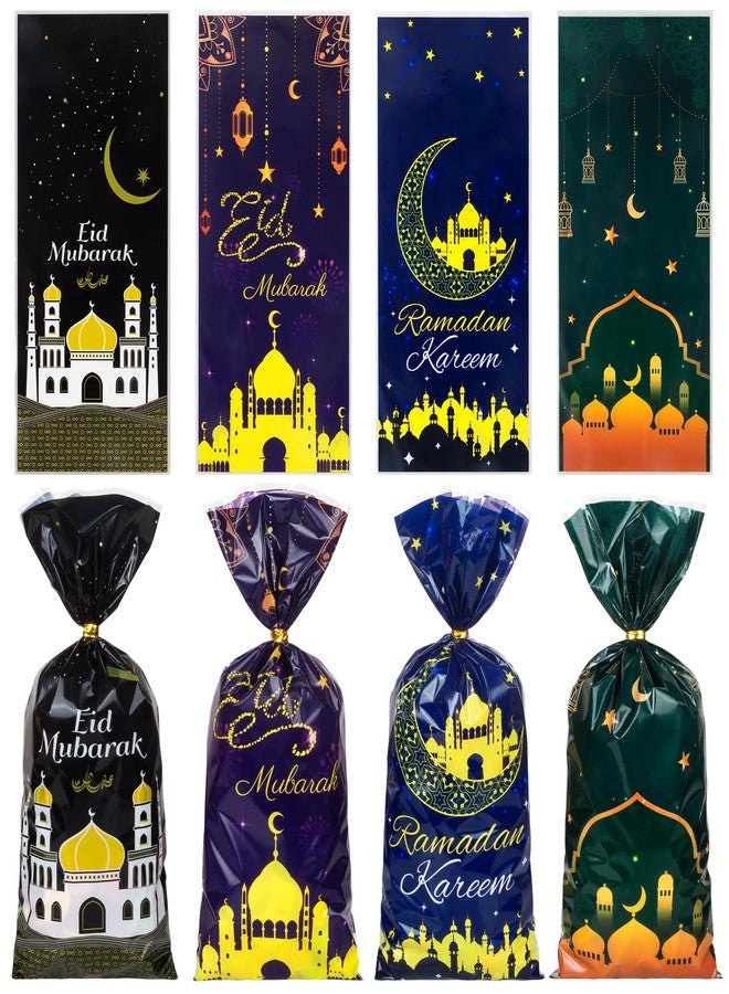 GOMANCHE Eid Mubarak Cellophane Treat Bags, 100Pcs Ramadan Plastic Clear Goodie Bags with 100pcs Twist Ties, Eid Mubarak Goody Gift Bag for Islam Party Decorations - Image 1