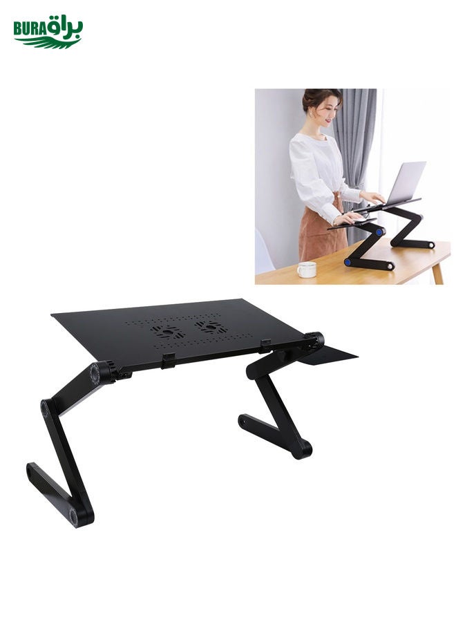 BURAQ Portable 360 Degree Adjustable Foldable Aluminium Alloy Desk Stand with Double CPU Fans & Mouse Pad for Laptop / Notebook, Desk Size: 480mm x 260mm(Black)  - Image 1