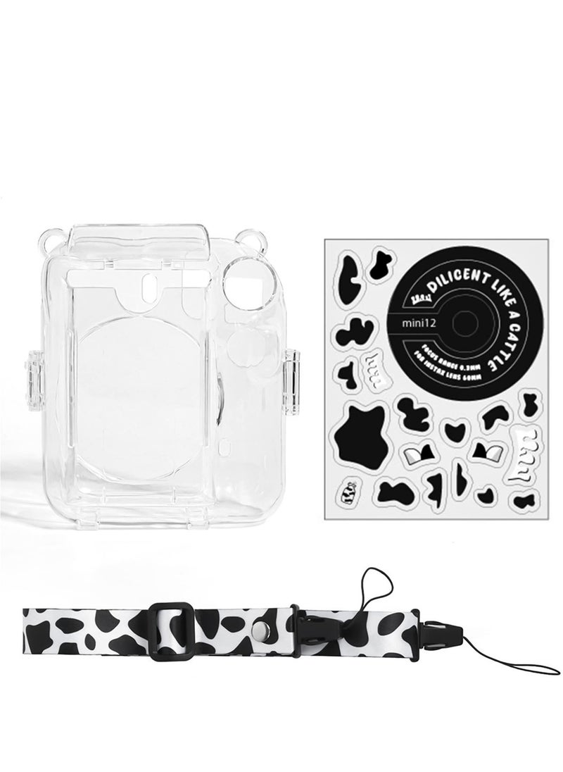 O Ozone - Crystal Clear Camera Case For Fujifilm Mini 12 Instant Camera Hard PC Cover with Adjustable Strap and Pocket & Decorative sticker - Cow Pattern - Image 1