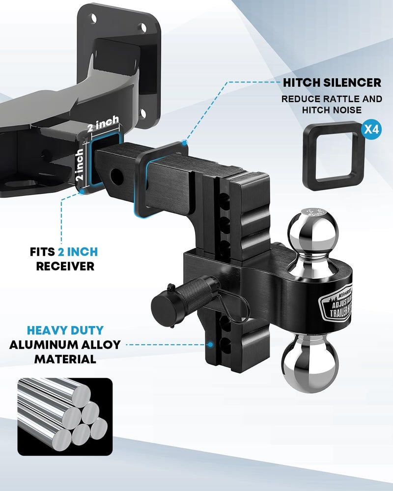 Kohree 6" Adjustable Trailer Hitch Fit 2 Inch Receiver, Dual Solid Ball 2" and 2-5/16"(12,500 LBS GTW), Drop & Rise Heavy Duty Aluminum Tow Hitch with 4 Silencer Pads & 2 Locking Hitch Pin, Black - Image 5