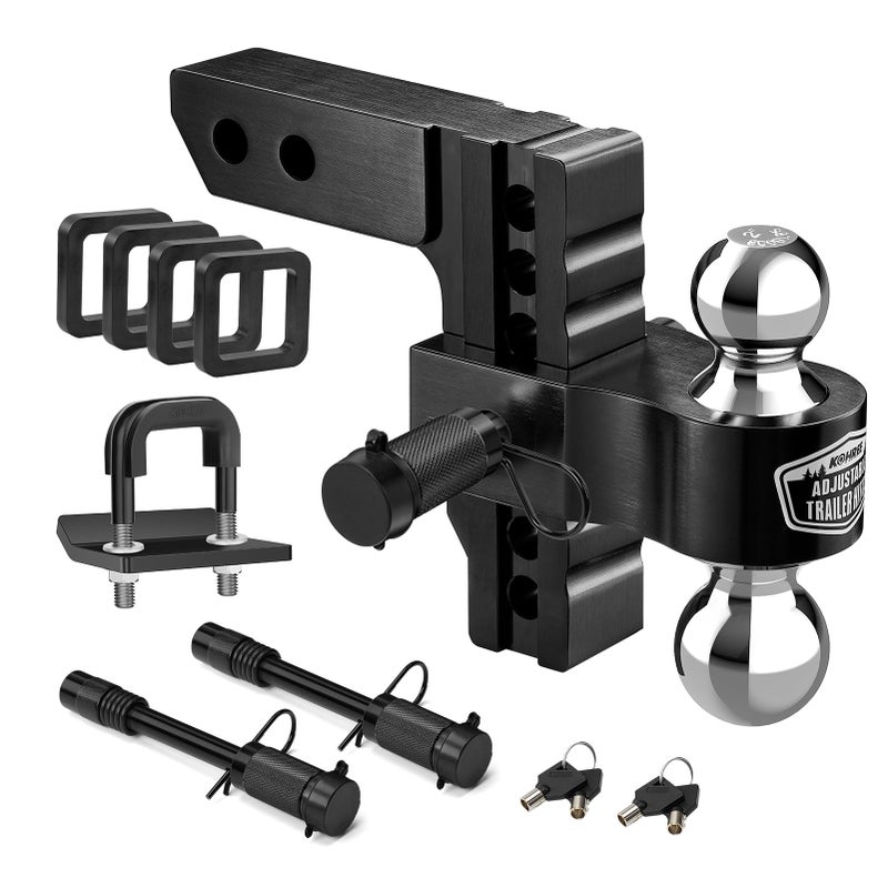 Kohree 6" Adjustable Trailer Hitch Fit 2 Inch Receiver, Dual Solid Ball 2" and 2-5/16"(12,500 LBS GTW), Drop & Rise Heavy Duty Aluminum Tow Hitch with 4 Silencer Pads & 2 Locking Hitch Pin, Black - Image 1