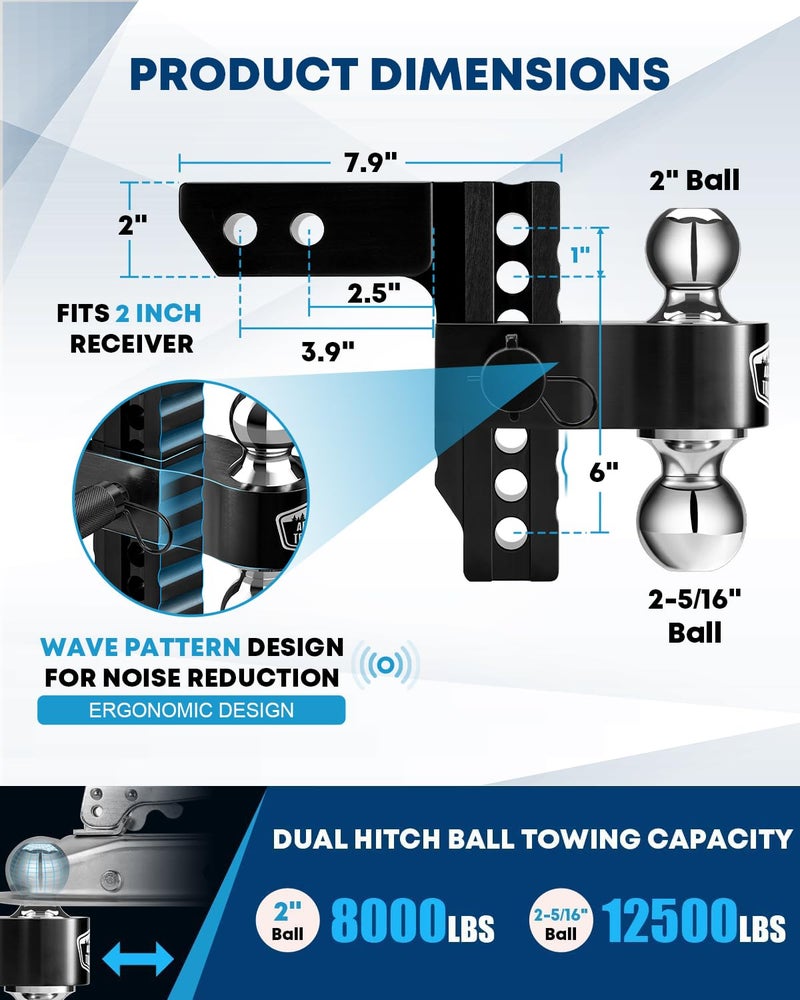 Kohree 6" Adjustable Trailer Hitch Fit 2 Inch Receiver, Dual Solid Ball 2" and 2-5/16"(12,500 LBS GTW), Drop & Rise Heavy Duty Aluminum Tow Hitch with 4 Silencer Pads & 2 Locking Hitch Pin, Black - Image 2