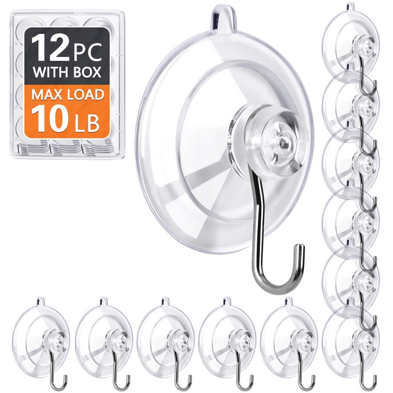 KORCCI Suction Cup Hooks 12Pack - Max Load 10LB, 1.77Inch Clear Medium Suction Cups, No Trace, Reusable & Removable, Stainless Steel Hooks, for Tile, Glass, Window, Shower, Kitchen, Bathroom - Image 1