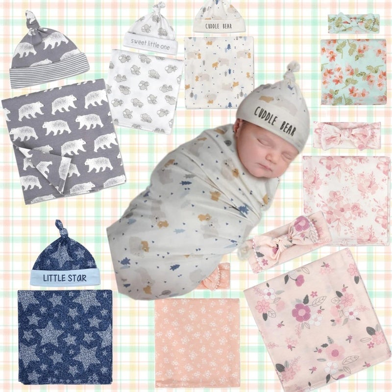 Bluejw Newborn Swaddle Set - High Quality Baby Wrap Swaddle Blanket with Beanie Hat for Baby Boy - Swaddlers for Baby Girl with Bow - Image 1