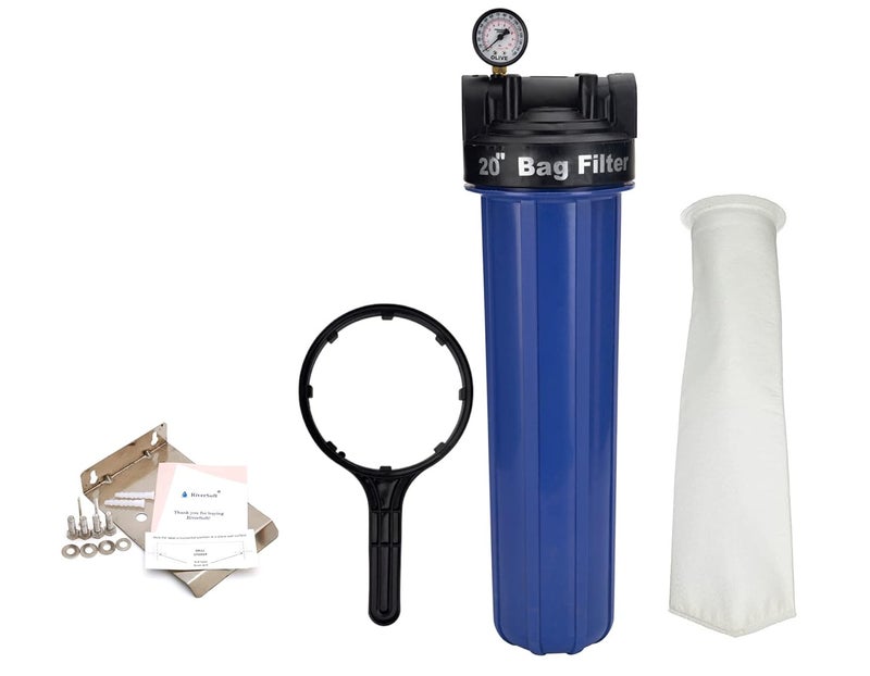 RiverSoft Sediment Filter Assembly AFB20 Filter Bag 5 Micron for Filtering sediments with Pressure Gauge20 inch Filter Bag PP Blue Sediment Filter Assembly - Image 1