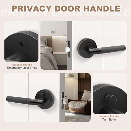 NIZADO 6 Pack Black Door Handles Interior with Lock, Keyless Privacy Door Lever for Bedroom and Bathroom, Modern Knurled Reversible Handle Lever - Image 3