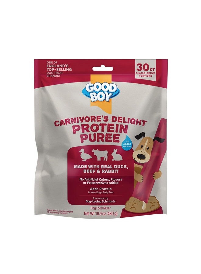 جود بوي مزيج طعام الكلاب من GOOD BOY Carnivore's Delight Protein Purees لجميع الكلاب البالغة، 30 قطعة، سهلة الاستخدام، وجبة فردية بثلاث نكهات، مع البط ولحم البقر والأرنب - Image 1