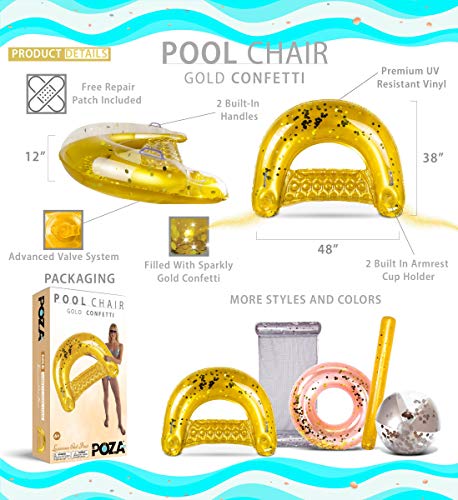 POZA Inflatable Chair Float Seat Sparkle Confetti Inflatable Pool Chair Float with 2 Builtin Cup Holders and Handles Perfect Floating Chairs for Lake Beach River or Pool 48x38 Inches Gold - Image 5