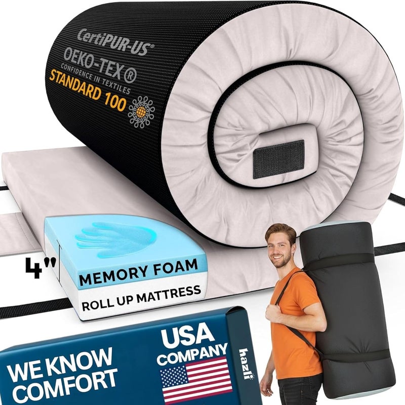 Hazli Matrix AirCell 4 Inch Memory Foam Camping Mattress Pad - Roll Up Mattress for Adults - Portable Cot Sleeping Pad for Camping - Floor Mat or Bed Roll - Twin XL 80â€™â€™ X 40â€™â€™ X 4â€™â€™- Grey - Image 1