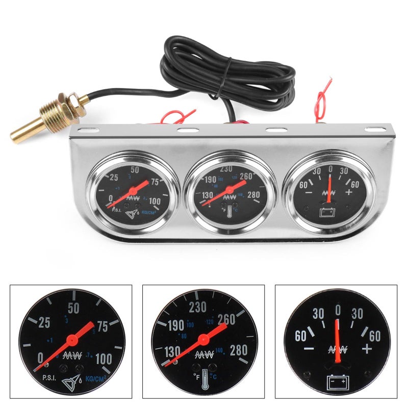 Dyno Racing 2" 52mm Car Triple Gauge Kit Set Chrome Panel Mechanical 3 in 1 Oil Pressure Gauge Fahrenheit Water Temperature Temp Gauge AMP Ammeter Gauges Meter Black Face - Image 4