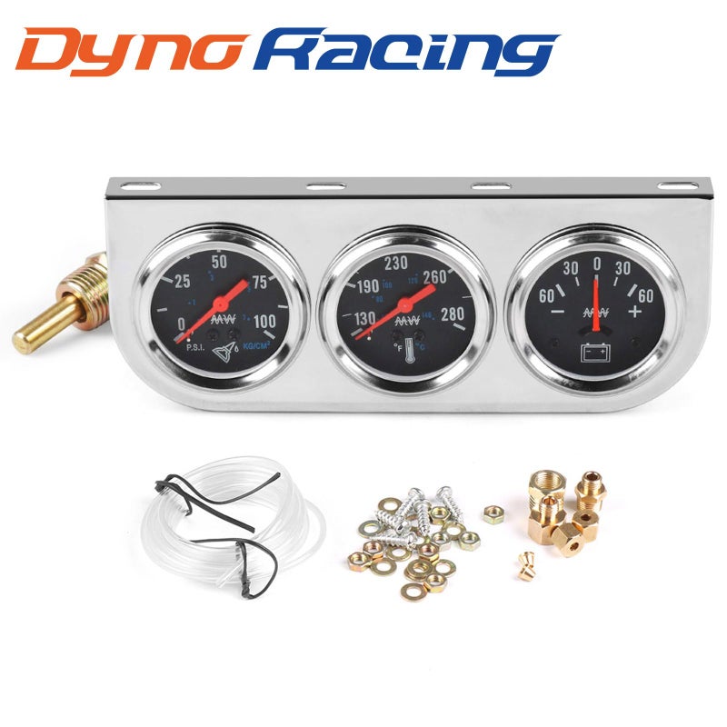 Dyno Racing 2" 52mm Car Triple Gauge Kit Set Chrome Panel Mechanical 3 in 1 Oil Pressure Gauge Fahrenheit Water Temperature Temp Gauge AMP Ammeter Gauges Meter Black Face - Image 2