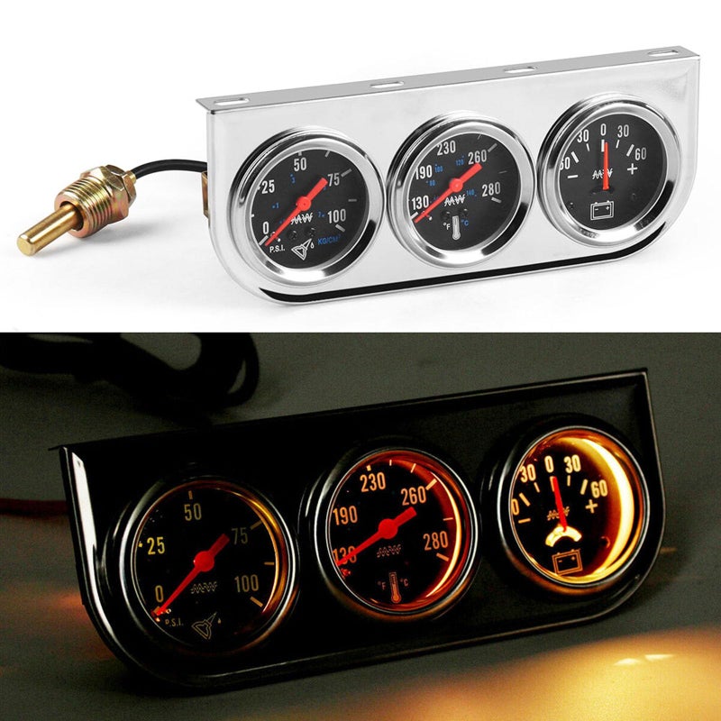 Dyno Racing 2" 52mm Car Triple Gauge Kit Set Chrome Panel Mechanical 3 in 1 Oil Pressure Gauge Fahrenheit Water Temperature Temp Gauge AMP Ammeter Gauges Meter Black Face - Image 5