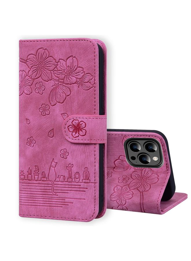 S-TOP Case For iPhone 14 Pro Max Cartoon Sakura Cat Embossed Leather Phone Case - Image 1