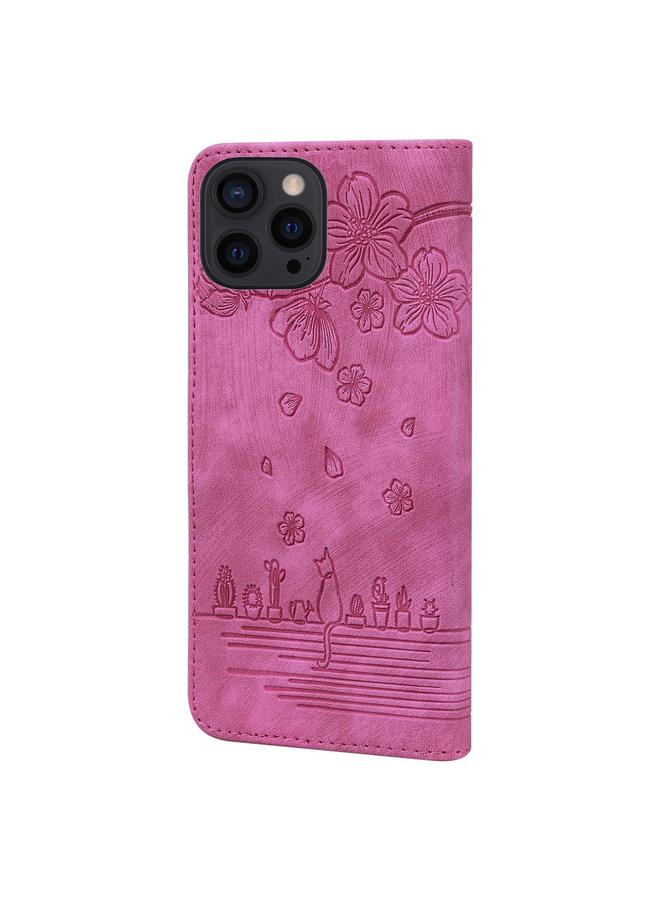 S-TOP Case For iPhone 14 Pro Max Cartoon Sakura Cat Embossed Leather Phone Case - Image 3