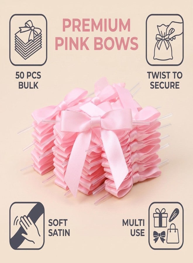 DHFLYDH Satin Ribbon Bows 50 Pcs Twist Tie Bows for Gift Wrapping Cake Treat Bags Craft DIY Gift Wedding Baby Shower Birthday Party (Baby Pink - Image 2
