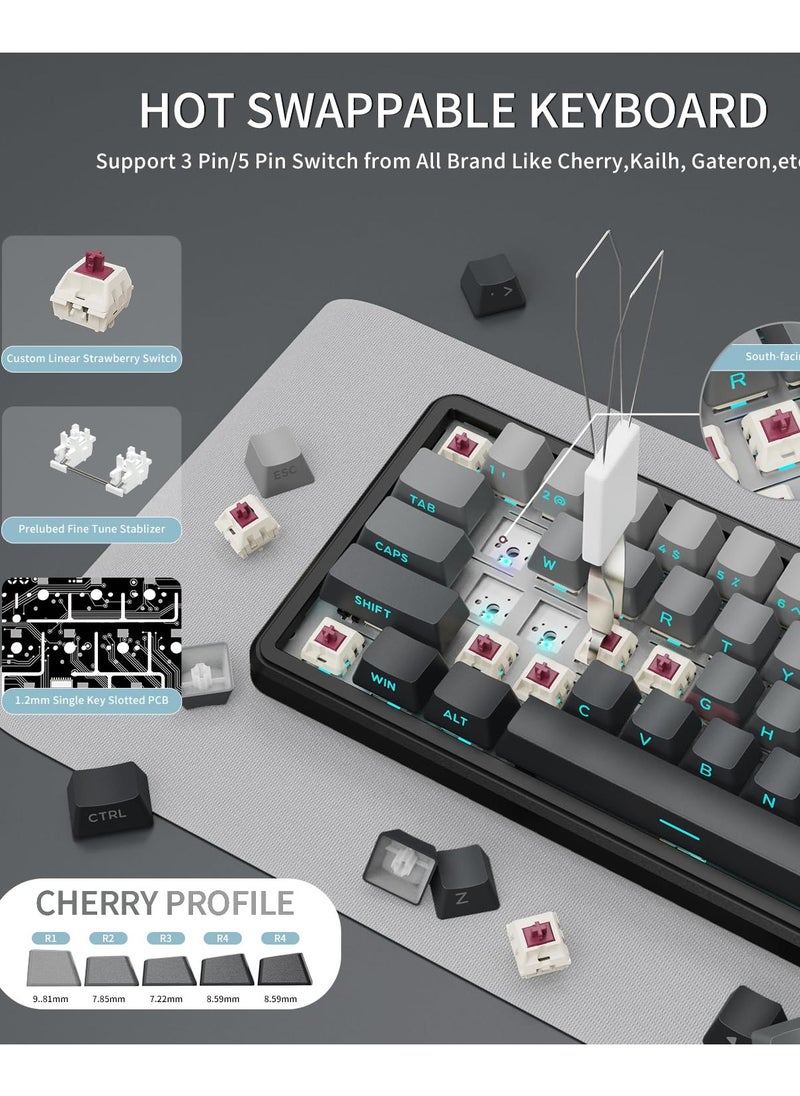 X66 Wireless Mechanical Gaming Keyboard with Knob,Tri Mode USB-C/BT5.0/2.4G Gasket Mounted 60% RGB Gaming Keyboard, Side Printed PBT Keycap,Hot Swappable Strawberry Switch(Moonlight)