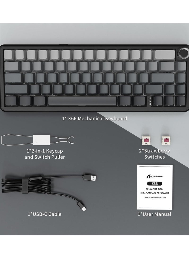 X66 Wireless Mechanical Gaming Keyboard with Knob,Tri Mode USB-C/BT5.0/2.4G Gasket Mounted 60% RGB Gaming Keyboard, Side Printed PBT Keycap,Hot Swappable Strawberry Switch(Moonlight)