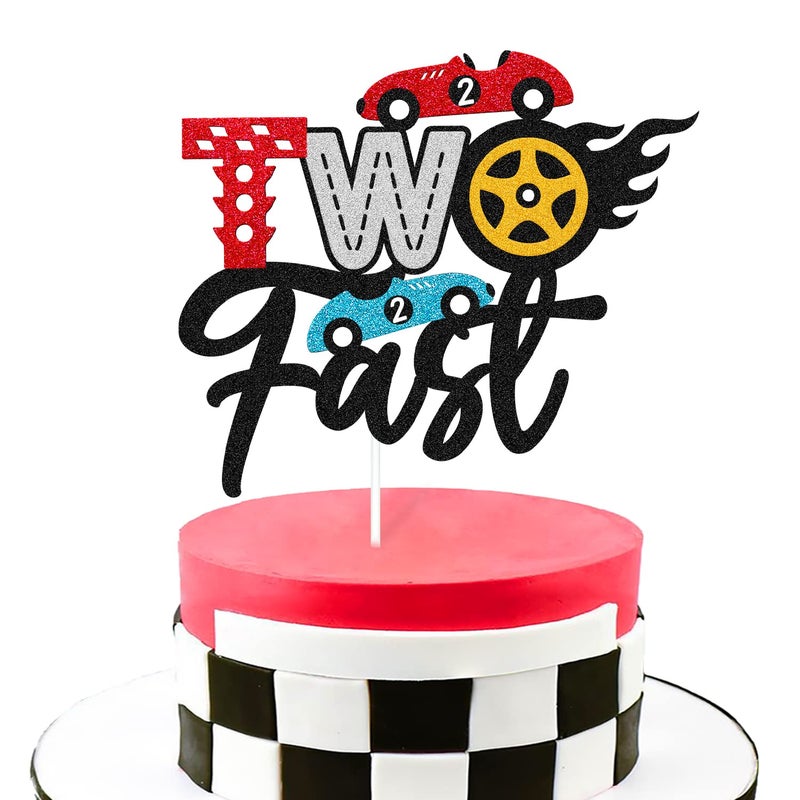 Levvcirki Two Fast Cake Topper Traffic Light Racing Car Wheel Themed Happy Birthday Party Supply for Boys Girls Kids 2nd Second Two Birthday Cake Glitter Decoration - Image 1