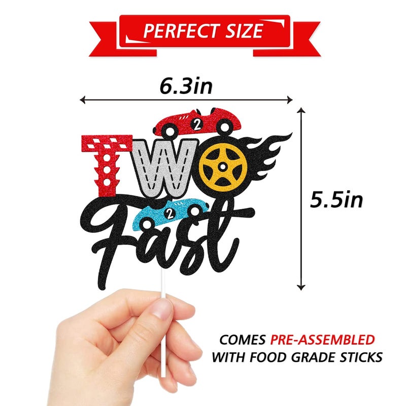 Levvcirki Two Fast Cake Topper Traffic Light Racing Car Wheel Themed Happy Birthday Party Supply for Boys Girls Kids 2nd Second Two Birthday Cake Glitter Decoration - Image 3