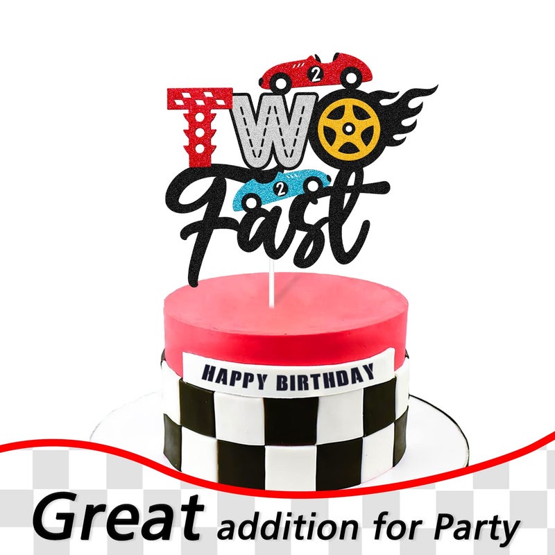 Levvcirki Two Fast Cake Topper Traffic Light Racing Car Wheel Themed Happy Birthday Party Supply for Boys Girls Kids 2nd Second Two Birthday Cake Glitter Decoration - Image 4