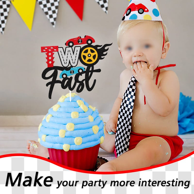 Levvcirki Two Fast Cake Topper Traffic Light Racing Car Wheel Themed Happy Birthday Party Supply for Boys Girls Kids 2nd Second Two Birthday Cake Glitter Decoration - Image 5