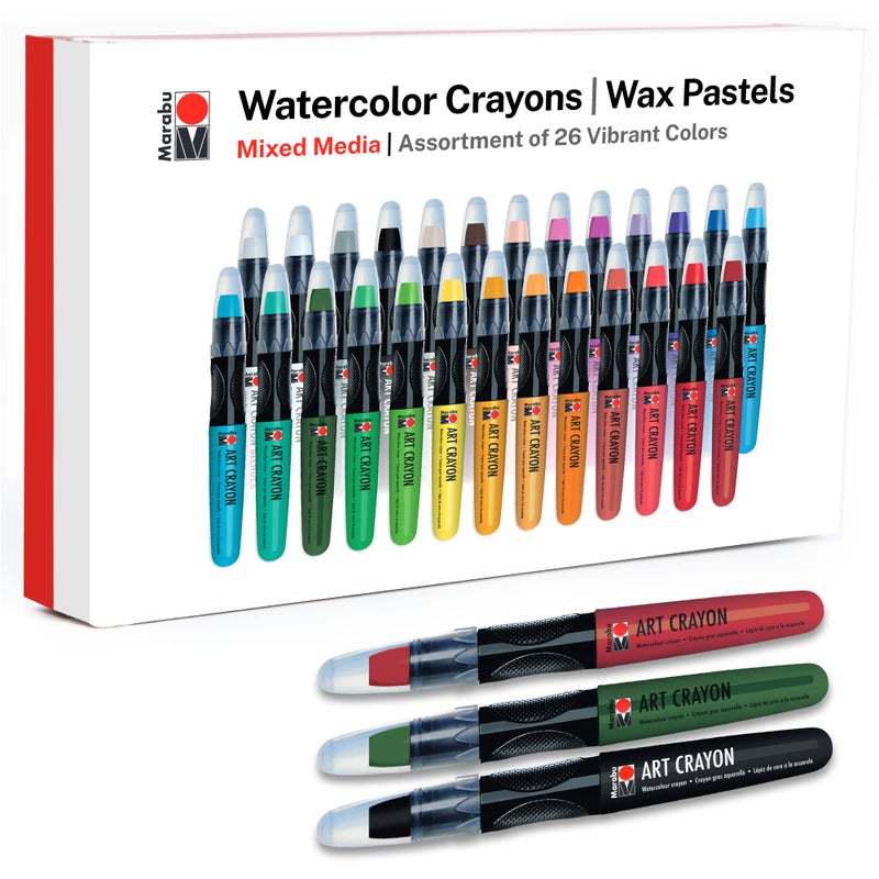 Marabu Watercolor Crayons Set - 26 Buttery Smooth Art Crayons - Ignite Your Imagination with Vivid, Water Soluble Crayons for Mixed Media Journals & Watercolor Paper - Image 1