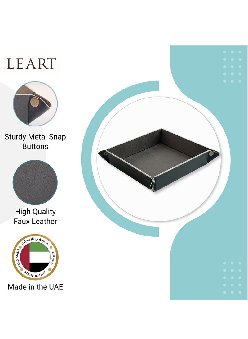 لي آرت صينية Valet جلدية للرجال والنساء - للاستخدام في المنزل والمكتب، منظم سطح المكتب وجانب السرير لحفظ المحافظ، المجوهرات، الساعات، المفاتيح، العملات المعدنية، الهاتف المحمول، مستحضرات التجميل، جهاز التحكم بالتلفاز (أسود)  - Image 2