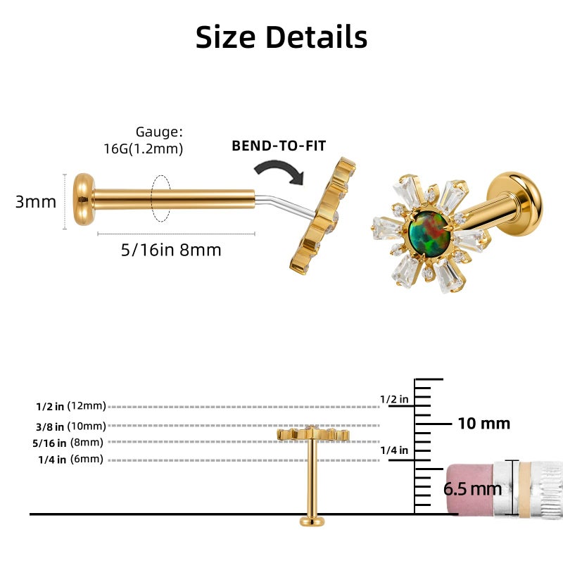 Humorrap Gold Flat Back Stud for Helix Flat Tragus Conch 16G 8mm, ASTM F136 Titanium Cartilage Earrings for Women, Hypoallergenic Threadless Push Pin Piercing Jewelry, Sunflower - Image 3