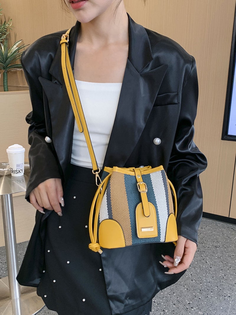 Striped Color-Block Handbag Bucket Bag For Women 2023 Autumn New Korean Version Shoulder Crossbody Bag With Color-Block Design - Image 2