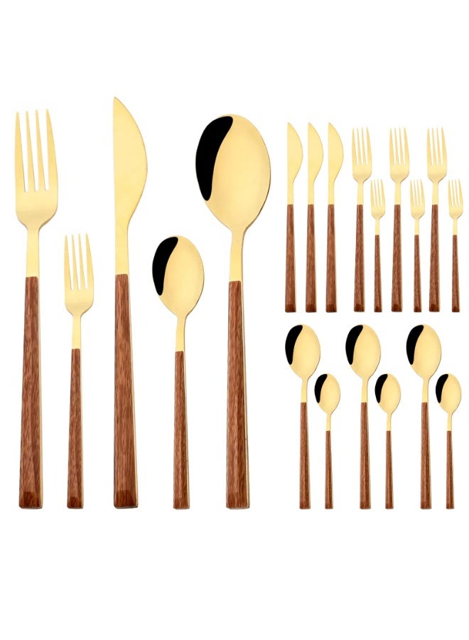 Arabest Style Wood Flatware Stainless Steel Fork/Spoon/Knife/Teaspoon with Wooden Square Handle Cutlery Set of 4 Dinnerware for Home, Kitchen, Restaurant, Gift - Gold - Image 1