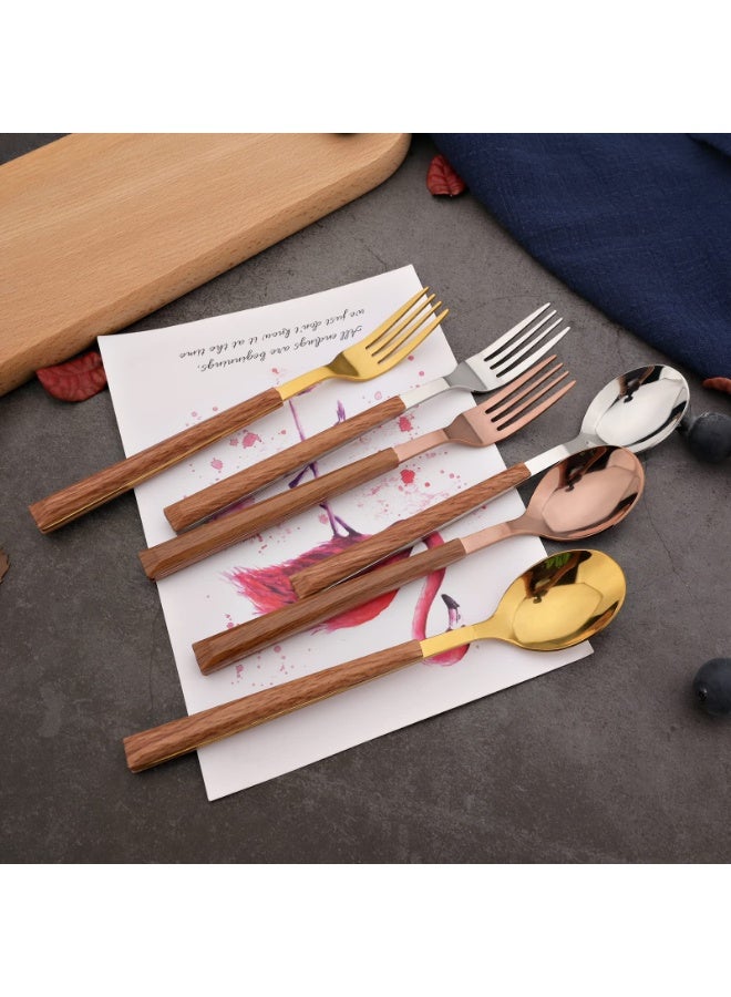 Arabest Style Wood Flatware Stainless Steel Fork/Spoon/Knife/Teaspoon with Wooden Square Handle Cutlery Set of 4 Dinnerware for Home, Kitchen, Restaurant, Gift - Gold - Image 5
