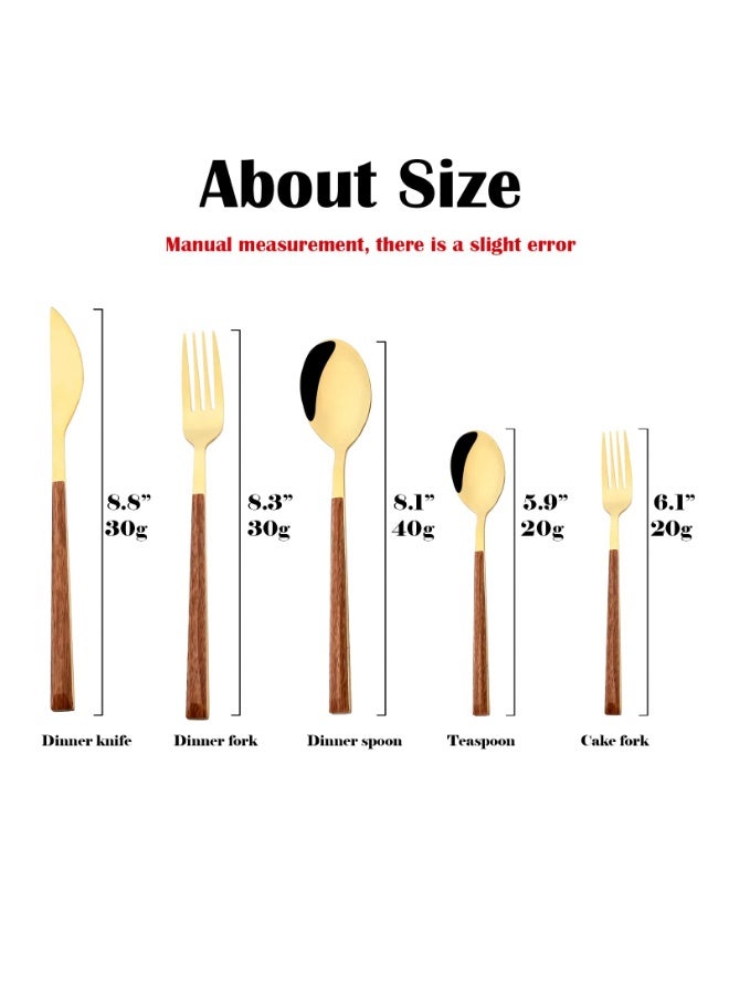 Arabest Style Wood Flatware Stainless Steel Fork/Spoon/Knife/Teaspoon with Wooden Square Handle Cutlery Set of 4 Dinnerware for Home, Kitchen, Restaurant, Gift - Gold - Image 3
