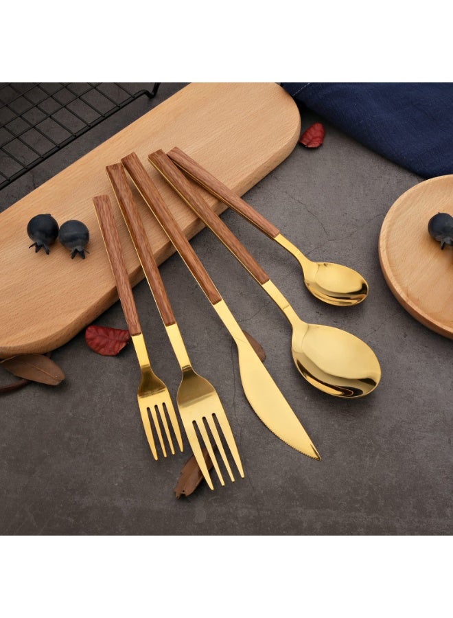 Arabest Style Wood Flatware Stainless Steel Fork/Spoon/Knife/Teaspoon with Wooden Square Handle Cutlery Set of 4 Dinnerware for Home, Kitchen, Restaurant, Gift - Gold - Image 2