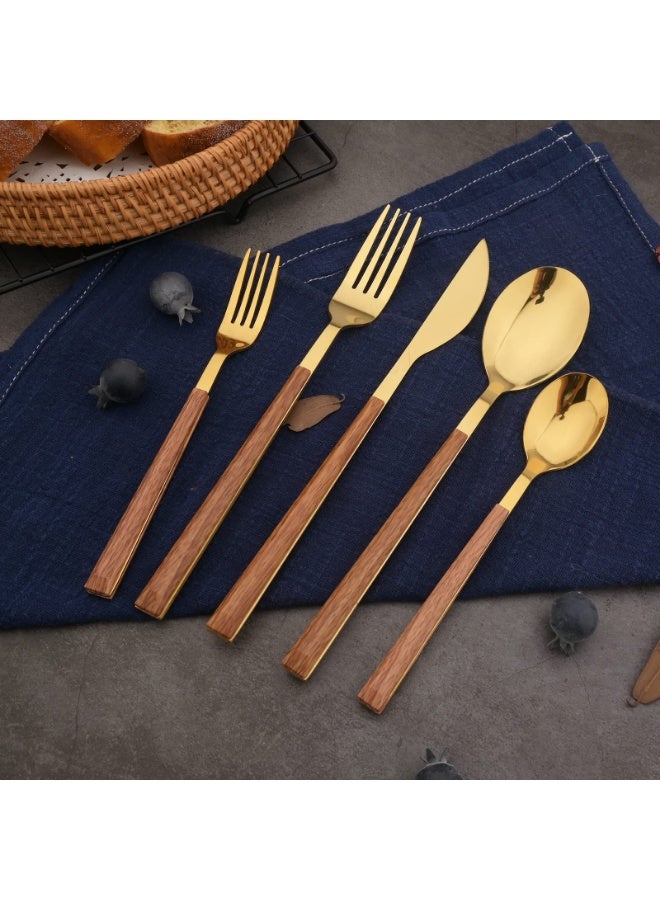 Arabest Style Wood Flatware Stainless Steel Fork/Spoon/Knife/Teaspoon with Wooden Square Handle Cutlery Set of 4 Dinnerware for Home, Kitchen, Restaurant, Gift - Gold - Image 4