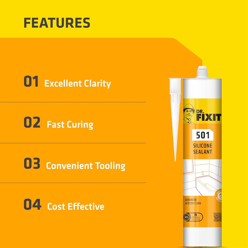 Dr. Fixit 501 Clear Silicone Sealant - 280 gm for Glass, Windows, and Bathroom Fixtures - Image 2