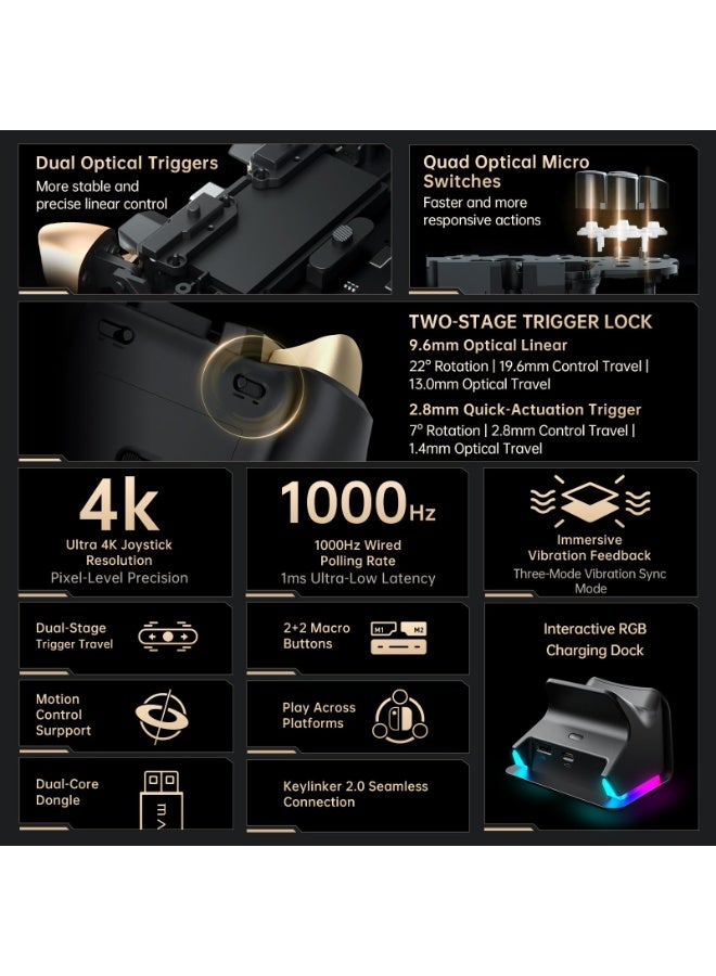 Machenike G5Pro V2 1000HZ Wireless Gaming Controller for NS/PC/iOS/Android with Charging Dock,PC Controller With Hot-Swappable Joystick,Optical Triggers,Optical Micro Switches,RGB Backlight, Black Gold - Image 2