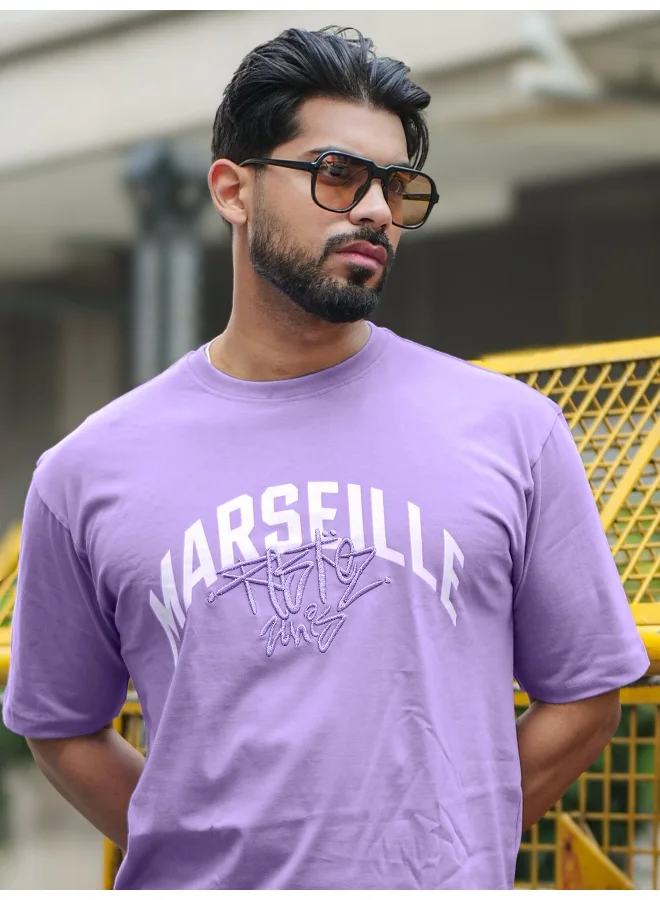 Maniac Maniac Mens Printed Round Neck Half Sleeve Lavender and White Cotton T-Shirt