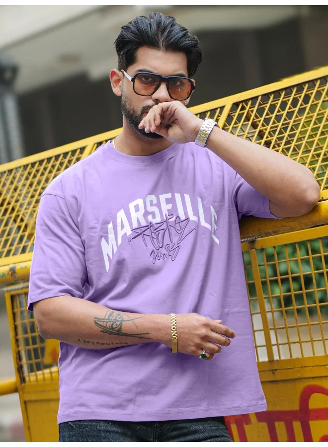 Maniac Maniac Mens Printed Round Neck Half Sleeve Lavender and White Cotton T-Shirt