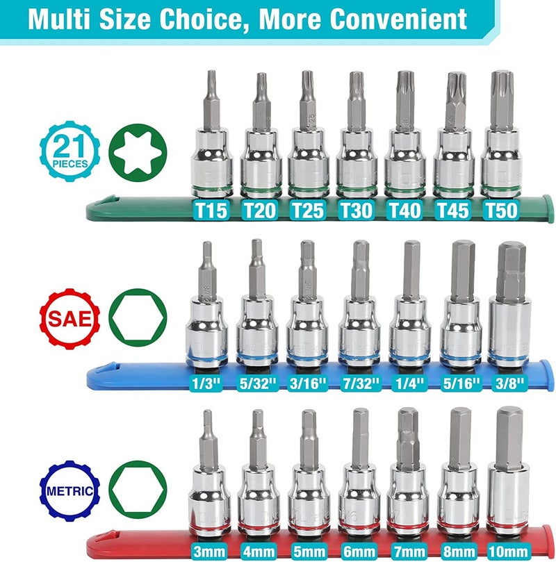 DURATECH Allen Bit Socket Set, 3/8'' Drive Torx, 21-Piece, Premium CR-V Socket and S2 Bits, Metric&SAE - Image 2