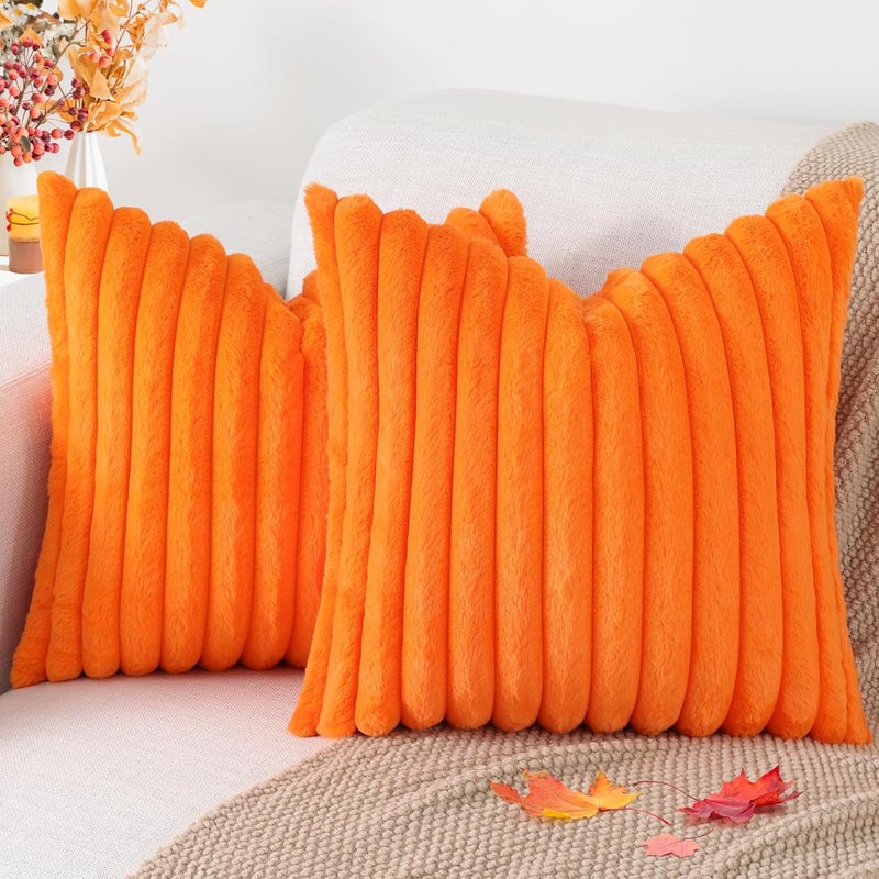 Pallene Faux Fur Plush Fall Throw Pillow Covers 22x22 Set of 2, Luxury Soft Fluffy Striped Decorative Pillow Covers for Sofa, Couch, Living Room, Burnt Orange - Image 1