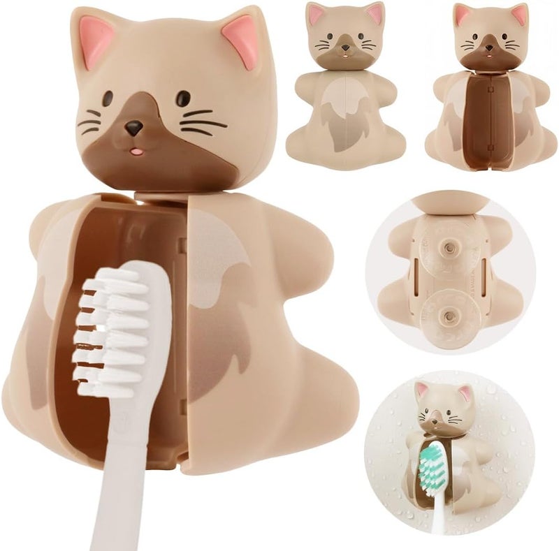 Flipper Hygienic Kids Toothbrush Holder with Suction Cups, High Quality & Patented Design, One Touch Open & Close, For Home or Travel, Made in Malaysia, Fun Animal Cat, 3Y+ - Image 1