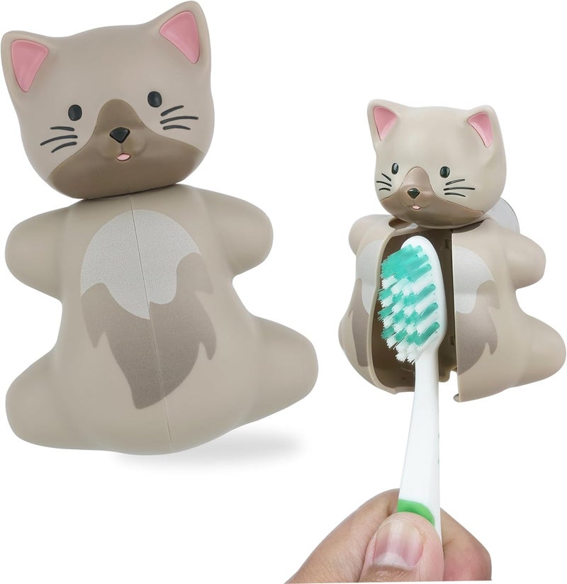 Flipper Hygienic Kids Toothbrush Holder with Suction Cups, High Quality & Patented Design, One Touch Open & Close, For Home or Travel, Made in Malaysia, Fun Animal Cat, 3Y+ - Image 2