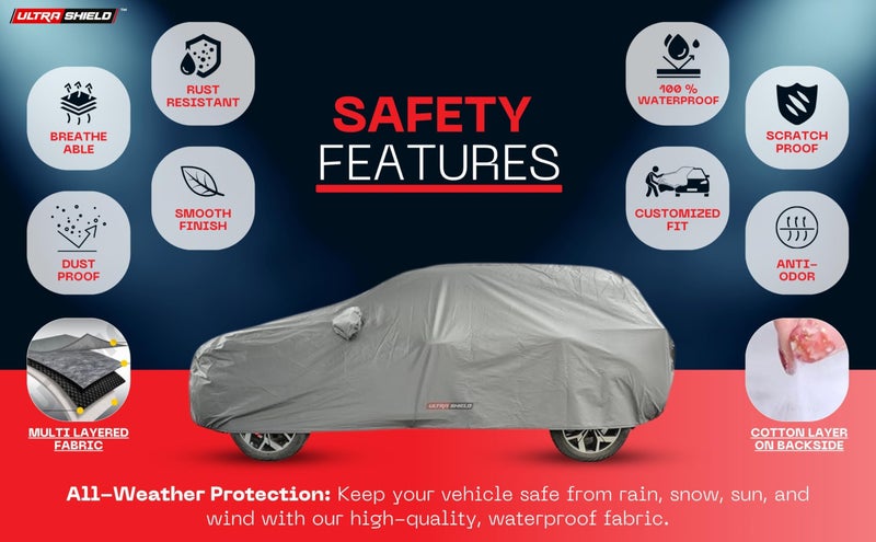 ULTRA SHIELD Mist Grey Series 100% Waterproof Car Body Cover for Maruti Suzuki Brezza with Mirror Pockets | Triple Stitched, Elastic, Custom Fit, Heat Resistant, Anti-Dust, All-Weather Cover - Image 3