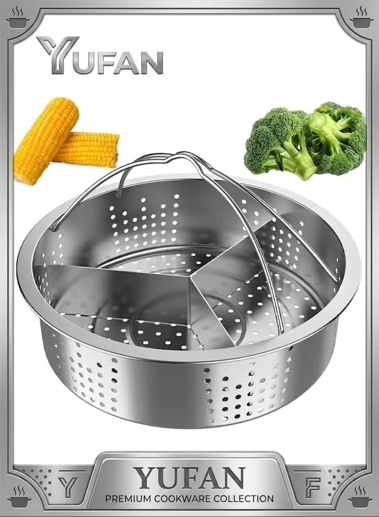 304 Stainless Steel Steamer Basket & Colander (21cm) - Multifunctional Mesh Strainer with Removable Divider & Handle, Fits Most Pots for Vegetables, Dumplings & Pasta - Image 1