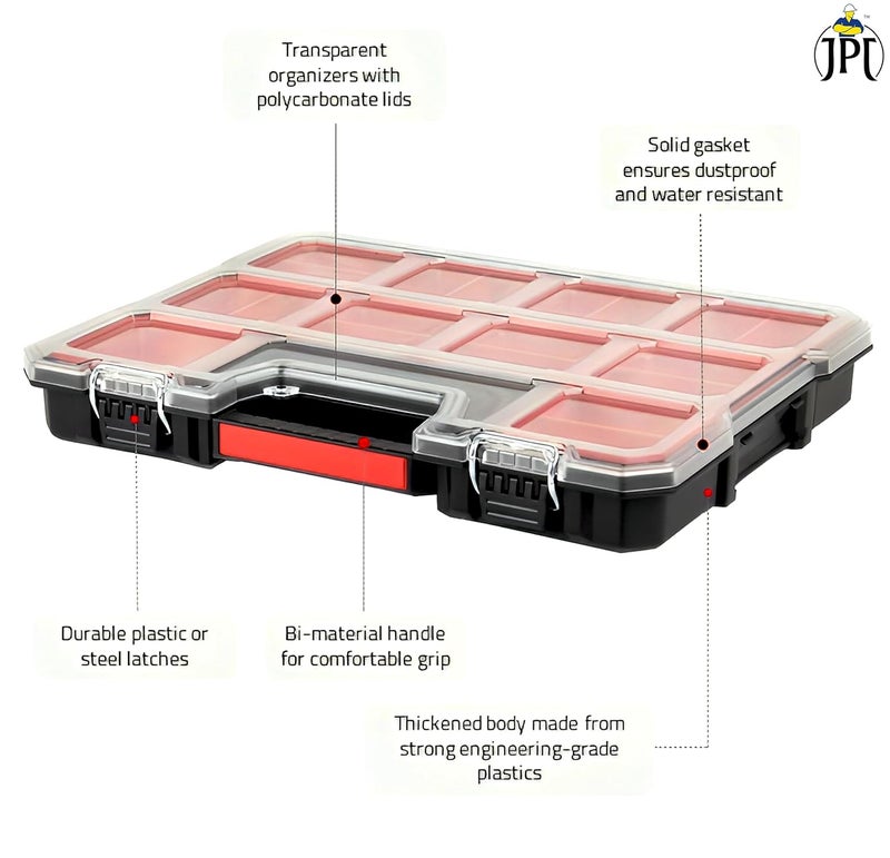 JPT صندوق تنظيم أدوات ضحل مع 8 حاويات قابلة للإزالة مع فواصل قابلة للإزالة، صندوق تخزين قوي مع غطاء شفاف للأدوات، الأجهزة، البراغي، والأشياء الصغيرة - Image 5