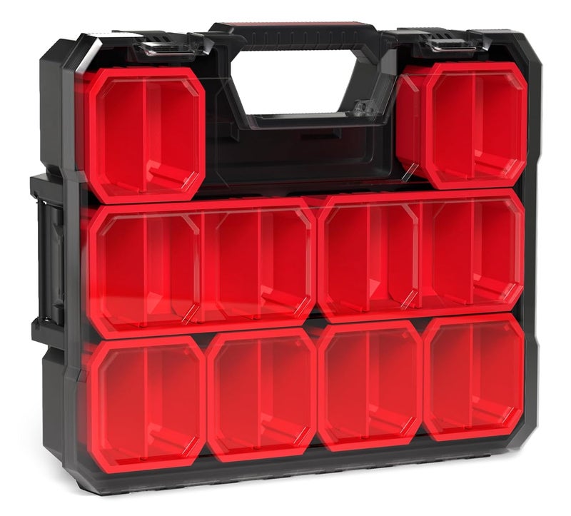 JPT صندوق تنظيم أدوات ضحل مع 8 حاويات قابلة للإزالة مع فواصل قابلة للإزالة، صندوق تخزين قوي مع غطاء شفاف للأدوات، الأجهزة، البراغي، والأشياء الصغيرة - Image 1